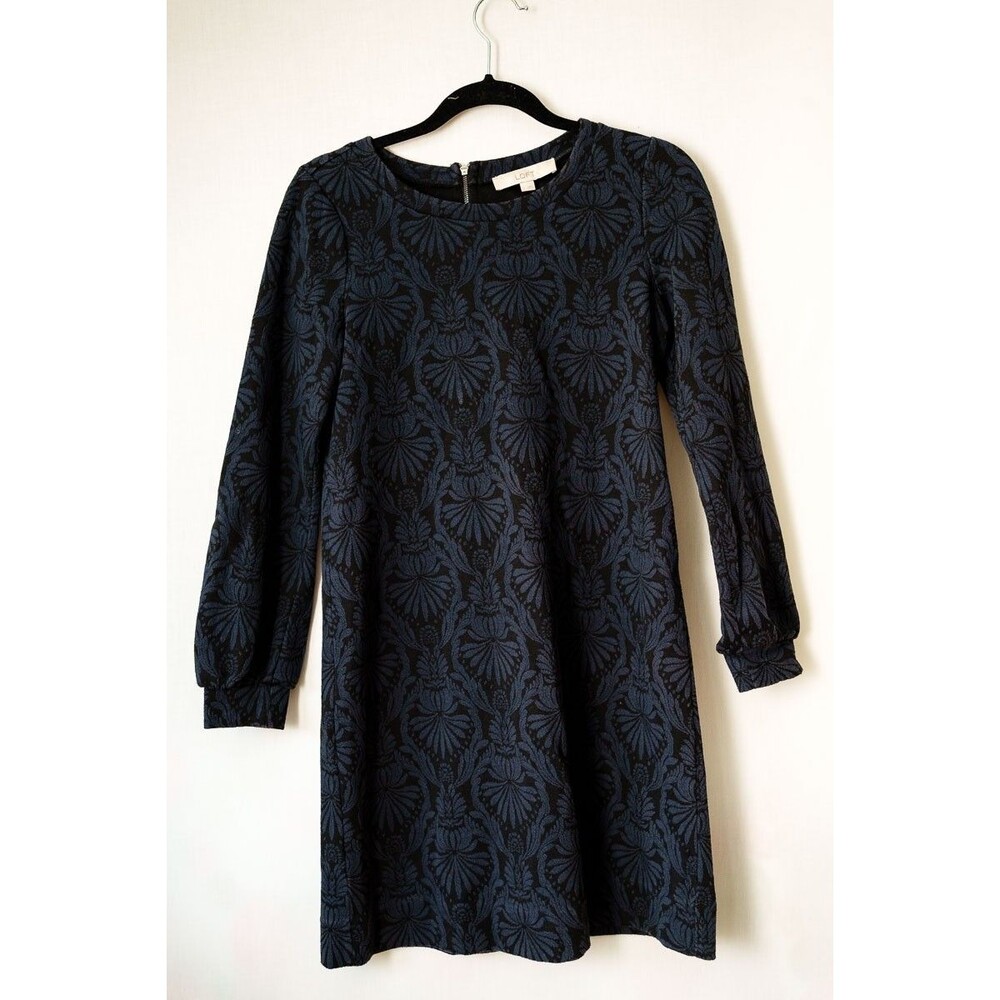 LOFT Dress S jacquard Small floral longsleeve midi black office Event Party